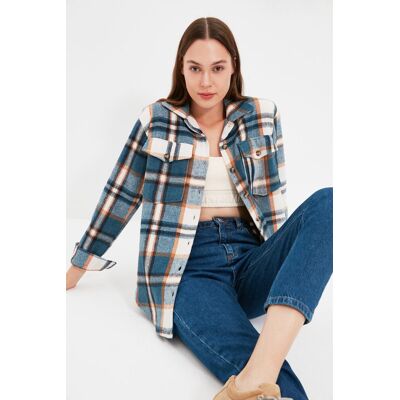 Trendyol Modrá Kockovaná Oversize/creature Tkané Tričko 42 Trendyol Modrá Kockovaná Oversize/creature Tkané Tričko 42