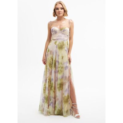 Carmen Pistachio Green Printed Slit Long Evening Dress Krémová 40 Carmen Pistachio Green Printed Slit Long Evening Dress Krémová 40