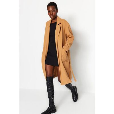 Trendyol Camel Belted Dlhý Razený Kabát Horčicová 34 Trendyol Camel Belted Dlhý Razený Kabát Horčicová 34