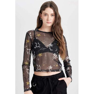 Defacto Cool Fitted Body Patterned Tulle Short Sleeve Black T-Shirt Čierna S Defacto Cool Fitted Body Patterned Tulle Short Sleeve Black T-Shirt Čierna S