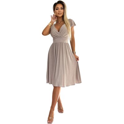 NUMOCO 425-10 Matilde Dress With A Neckline And Short Sleeves - Beige With Glitter Hnedá Xs NUMOCO 425-10 Matilde Dress With A Neckline And Short Sleeves - Beige With Glitter Hnedá Xs