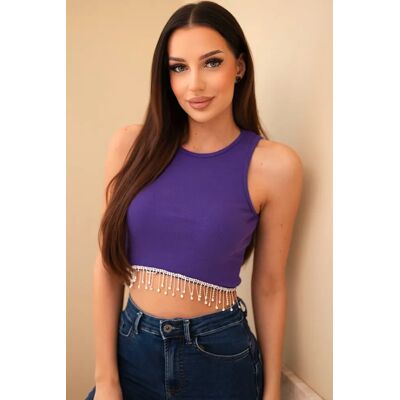 Kesi Dámsky Rebrovaný Crop Top S Ozdobnými Strapcami Fialový Biela One Size Kesi Dámsky Rebrovaný Crop Top S Ozdobnými Strapcami Fialový Biela One Size