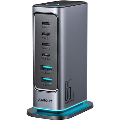 JOYROOM R-TCM02 GaN Nabíjacia stanica 65W s 1,5m káblom a LED podsvietením – 4x USB-C + 2x USB-A tmavošedá JOYROOM R-TCM02 GaN Nabíjacia stanica 65W s 1,5m káblom a LED podsvietením – 4x USB-C + 2x USB-A tmavošedá