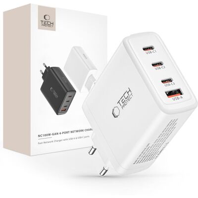 TECH-PROTECT NC100W-GAN 4-PORT Sieťová nabíjačka PD100W biela TECH-PROTECT NC100W-GAN 4-PORT Sieťová nabíjačka PD100W biela