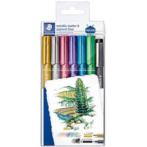 Staedtler 8323-SWP6P metalický popisovač (na světlý a tmavý papír, snadno otíratelný z hladkých povrchů, šířka linky: 1–2 mm) 6 barevně tříděných metalických značkovačů + 1 pigmentová vložka (černá) Staedtler 8323-SWP6P metalický popisovač (na světlý a tmavý papír, snadno otíratelný z hladkých povrchů, šířka linky: 1–2 mm) 6 barevně tříděných metalických značkovačů + 1 pigmentová vložka (černá)