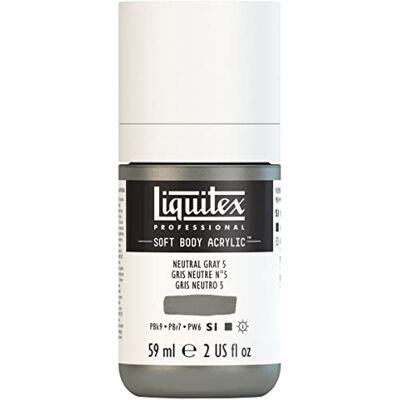 Liquitex 1959599 Profesionální akrylová barva Soft Body – umělecká barva v krémové krycí konzistenci, vysoká pigmentace, stálobarevná a odolná proti stárnutí, 59 ml láhev – neutrální šedá č. 5 Liquitex 1959599 Profesionální akrylová barva Soft Body – umělecká barva v krémové krycí konzistenci, vysoká pigmentace, stálobarevná a odolná proti stárnutí, 59 ml láhev – neutrální šedá č. 5
