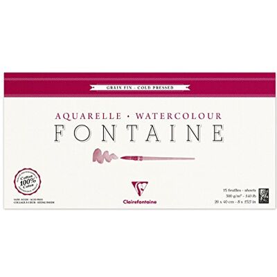 Clairefontaine 96437C Malblok, 4stranný lepený akvarelový papír jemný, fontán/hadr, 20 x 40 cm, formát panoramatického formátu, 15 listů, 300 g balení, bílé Clairefontaine 96437C Malblok, 4stranný lepený akvarelový papír jemný, fontán/hadr, 20 x 40 cm, formát panoramatického formátu, 15 listů, 300 g balení, bílé