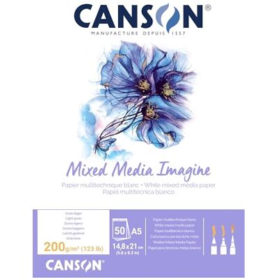 Canson Imagine, směs médií, lehká zrnitost, 200 g/m², na krátké straně lepený blok, DIN A5, 14,8 x 21 cm, přírodní bílá, 50 listů Canson Imagine, směs médií, lehká zrnitost, 200 g/m², na krátké straně lepený blok, DIN A5, 14,8 x 21 cm, přírodní bílá, 50 listů