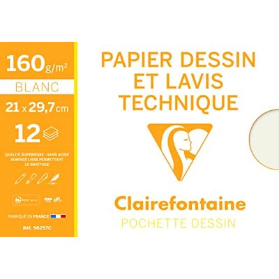 Clairefontaine 96257C Mappe Zeichenpapier (ideal für technische Zeichnungen, DIN A4, 21 x 29,7 cm, 12 Bögen, 160 g) weiß Clairefontaine 96257C Mappe Zeichenpapier (ideal für technische Zeichnungen, DIN A4, 21 x 29,7 cm, 12 Bögen, 160 g) weiß