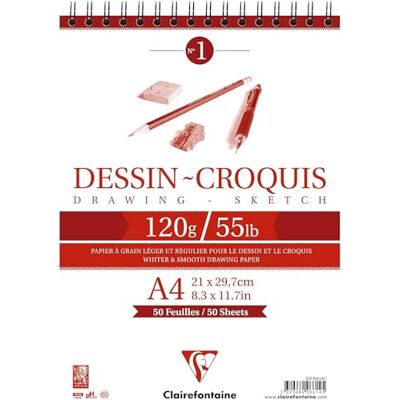 Clairefontaine 96614C – blok kreslicí a skicovací papír, s dvojitou spirálou na hlavě, 50 listů A4, 120 g, ideální pro suché techniky, bílý, 1 kus Clairefontaine 96614C – blok kreslicí a skicovací papír, s dvojitou spirálou na hlavě, 50 listů A4, 120 g, ideální pro suché techniky, bílý, 1 kus
