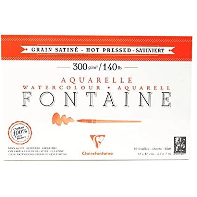 Clairefontaine 96348C Aquarelblock Fontaine Satiné (100% Hadern, feinkörnig, glatt, für Nass- und Trockentechniken geeignet, säurefrei, 300g, 12 Blatt) 12 x 18 cm, weiß Clairefontaine 96348C Aquarelblock Fontaine Satiné (100% Hadern, feinkörnig, glatt, für Nass- und Trockentechniken geeignet, säurefrei, 300g, 12 Blatt) 12 x 18 cm, weiß