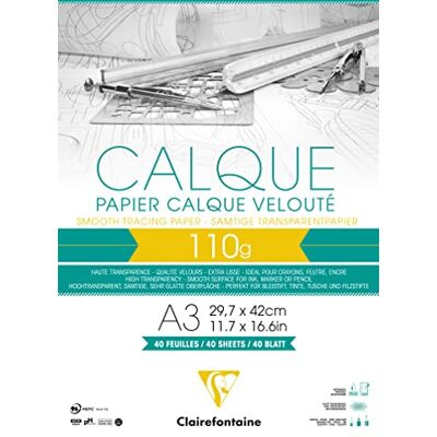 Clairefontaine 975107C Block Transparentpapier (DIN A3, 29,7 x 42 cm, 40 Blatt, 110 g, ideal für technische Zeichnen) transparent Clairefontaine 975107C Block Transparentpapier (DIN A3, 29,7 x 42 cm, 40 Blatt, 110 g, ideal für technische Zeichnen) transparent