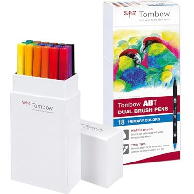 Tombow 18 , fixy na textilie (sekundární barvy), dual brush pen, se dvěma špičkami + fuden osuke brush pen, tvrdý + měkký lze použít pro akvarely, na bázi vody, netoxické, bez obsahu kyselin a bez zápachu Tombow 18 , fixy na textilie (sekundární barvy), dual brush pen, se dvěma špičkami + fuden osuke brush pen, tvrdý + měkký lze použít pro akvarely, na bázi vody, netoxické, bez obsahu kyselin a bez zápachu