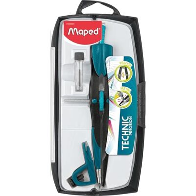 Maped Kompas pro technické kreslení přesný systém box se 3 díly kompas s velkým knírem včetně 1 univerzální svorky a 1 olověné tašky z kovu, tříděný model Maped Kompas pro technické kreslení přesný systém box se 3 díly kompas s velkým knírem včetně 1 univerzální svorky a 1 olověné tašky z kovu, tříděný model