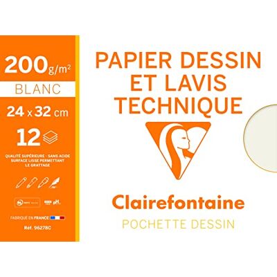 Clairefontaine 96278C Mappe Zeichenpapier (ideal für technische Zeichnungen, 24 x 32 cm, 12 Bögen, 200 g) weiß Clairefontaine 96278C Mappe Zeichenpapier (ideal für technische Zeichnungen, 24 x 32 cm, 12 Bögen, 200 g) weiß
