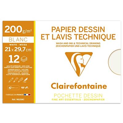 Clairefontaine 96258C Mappe Zeichenpapier (ideal für technische Zeichnungen, DIN A4, 21 x 29,7 cm, 12 Bögen, 200 g) weiß Clairefontaine 96258C Mappe Zeichenpapier (ideal für technische Zeichnungen, DIN A4, 21 x 29,7 cm, 12 Bögen, 200 g) weiß