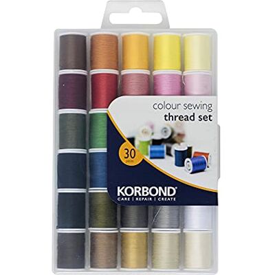 KORBOND Sada šicích nití – 30 cívek polyesterová šicí příze – 1350 m – 30 x 45 m role – 30 barev – ruční a strojní šití, opravy, ruční práce KORBOND Sada šicích nití – 30 cívek polyesterová šicí příze – 1350 m – 30 x 45 m role – 30 barev – ruční a strojní šití, opravy, ruční práce