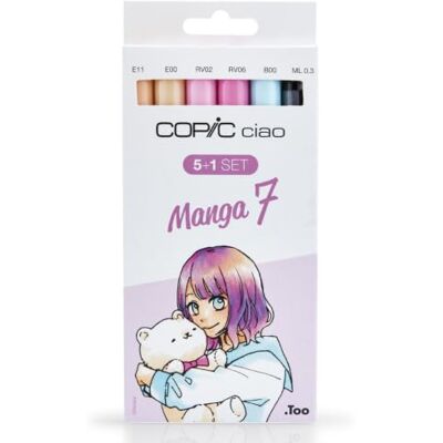 Copic Ciao Marker 5+1 sada "Manga 7", 5 univerzálních layoutmarker se středně širokým a štětcovým hrotem, vč. 1 multiliner 0,3 mm Copic Ciao Marker 5+1 sada "Manga 7", 5 univerzálních layoutmarker se středně širokým a štětcovým hrotem, vč. 1 multiliner 0,3 mm