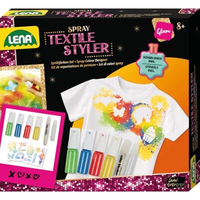 Lena 42597 Kreativní sada Textile Styler Spray, kompletní sada se 4 barvami ve spreji, 1 třpytivou barvou na zdobení, 8 šablon a konturovací tužka, sada na tvoření textilu pro děti od 8 let Lena 42597 Kreativní sada Textile Styler Spray, kompletní sada se 4 barvami ve spreji, 1 třpytivou barvou na zdobení, 8 šablon a konturovací tužka, sada na tvoření textilu pro děti od 8 let