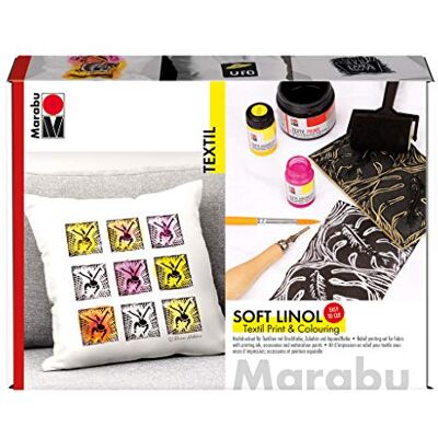 Marabu 1703000000081 Soft Linol Print & Colouring Set, vysokotlaká sada pro textil s měkkou deskou, řezací nástroj s čepelemi, pěnový váleček, štětec, 100 ml tisková barva a 2 x 15 ml akvarelové Marabu 1703000000081 Soft Linol Print & Colouring Set, vysokotlaká sada pro textil s měkkou deskou, řezací nástroj s čepelemi, pěnový váleček, štětec, 100 ml tisková barva a 2 x 15 ml akvarelové