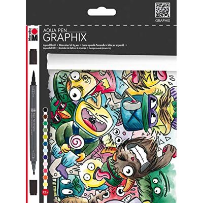 Marabu 0145000000100 Aqua Pen Graphix, Mega Mash, 12 akvarelových fixy v sadě s brilantní barvou, tuš na vodní bázi, dvojitá špička, akvarelový papír Marabu 0145000000100 Aqua Pen Graphix, Mega Mash, 12 akvarelových fixy v sadě s brilantní barvou, tuš na vodní bázi, dvojitá špička, akvarelový papír