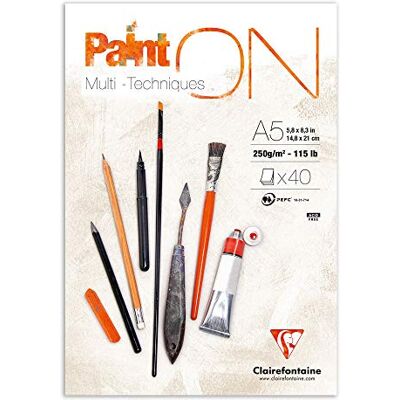 Clairefontaine 96538C Malířský blok / kreslicí blok PaintON jemnozrnný DIN A5 14,8x21 cm, lepený na obou stranách, 40 listů, 250 g, 100% celulóza, možné opravy, ideální pro mixérová média, bílá, 1 Clairefontaine 96538C Malířský blok / kreslicí blok PaintON jemnozrnný DIN A5 14,8x21 cm, lepený na obou stranách, 40 listů, 250 g, 100% celulóza, možné opravy, ideální pro mixérová média, bílá, 1