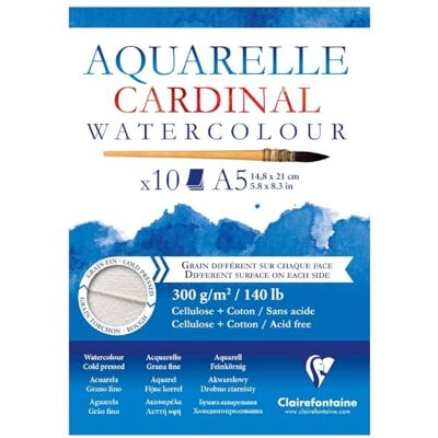 Clairefontaine Akvarelový blok 96182C Cardinal (DIN A5, 14,8 x 21 cm, 300 g, lepený na obou stranách, 10 listů, 2 zrnitost, ideální pro začátečníky) extra bílý Clairefontaine Akvarelový blok 96182C Cardinal (DIN A5, 14,8 x 21 cm, 300 g, lepený na obou stranách, 10 listů, 2 zrnitost, ideální pro začátečníky) extra bílý