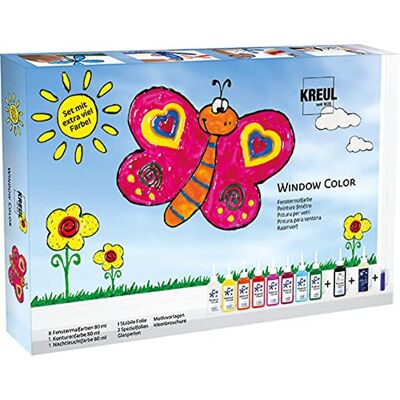 KREUL 42752 Window Color Sada barev na okna, 10 x 80 ml barvy v lahvičkách na malování, vč. černé konturové barvy a barvy nočního světla, pro děti, fólie, skleněné korálky a šablony s motivy KREUL 42752 Window Color Sada barev na okna, 10 x 80 ml barvy v lahvičkách na malování, vč. černé konturové barvy a barvy nočního světla, pro děti, fólie, skleněné korálky a šablony s motivy