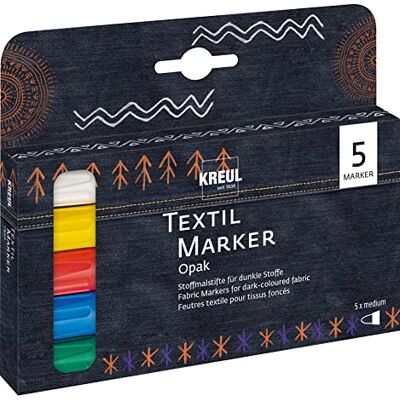 KREUL 92750 Textil Marker Opak medium Set, 5 tužek, s kulatou špičkou, tloušťka linky cca 2 až 4 mm, krycí pastelky na malování na textil pro vytváření světlých a tmavých látek, omyvatelné po fixaci KREUL 92750 Textil Marker Opak medium Set, 5 tužek, s kulatou špičkou, tloušťka linky cca 2 až 4 mm, krycí pastelky na malování na textil pro vytváření světlých a tmavých látek, omyvatelné po fixaci