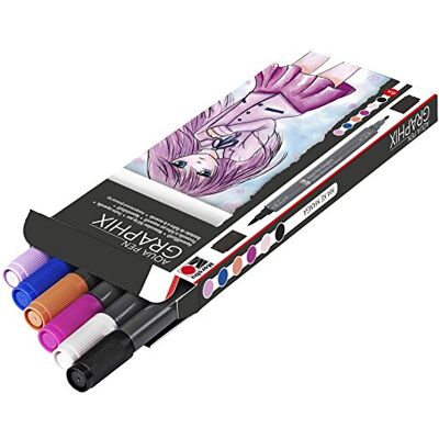 Marabu 01450000001 Aqua Pen Graphix, Ma Ke Manga, 6 akvarelových fixy v sadě s brilantní barvou, tuška na vodní bázi, dvojitý hrot, možnost akvarelového papíru Marabu 01450000001 Aqua Pen Graphix, Ma Ke Manga, 6 akvarelových fixy v sadě s brilantní barvou, tuška na vodní bázi, dvojitý hrot, možnost akvarelového papíru