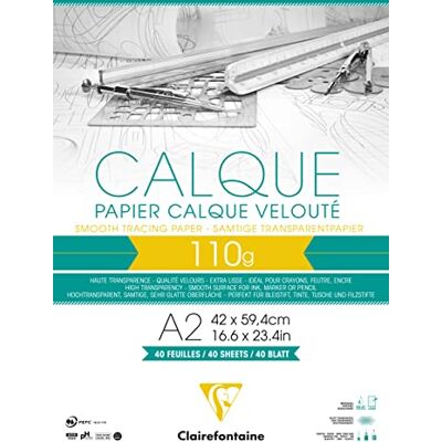 Clairefontaine 975108C blok transparentní papír (DIN A2, 42 x 59,4 cm, 40 listů, 110 g, ideální pro technické značky) transparentní Clairefontaine 975108C blok transparentní papír (DIN A2, 42 x 59,4 cm, 40 listů, 110 g, ideální pro technické značky) transparentní