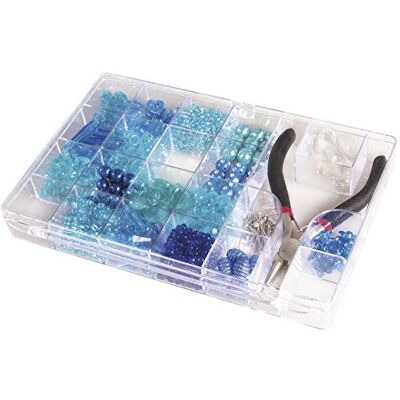 Rayher 14797376 perlový box s kleštěmi, 20 x 13,5 cm, obsah 185 g, odstíny modré, mix barev a velikostí, korálky k navlékání, plastové perly, plastové korálky Rayher 14797376 perlový box s kleštěmi, 20 x 13,5 cm, obsah 185 g, odstíny modré, mix barev a velikostí, korálky k navlékání, plastové perly, plastové korálky