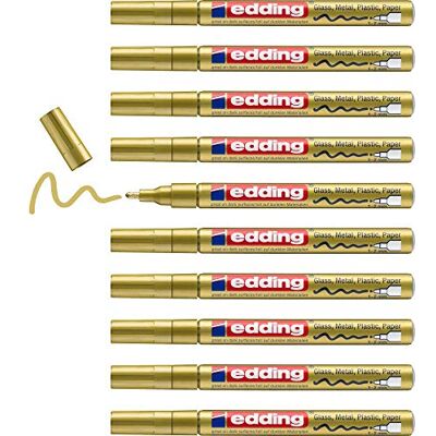 Edding 751 Lesklý lakový popisovač – zlatý – 10 lakových popisovačů – kulatý hrot 1–2 mm – lakovací tyčinka na sklo, kámen, dřevo, plast a papír – voděodolná, silně kryjící Edding 751 Lesklý lakový popisovač – zlatý – 10 lakových popisovačů – kulatý hrot 1–2 mm – lakovací tyčinka na sklo, kámen, dřevo, plast a papír – voděodolná, silně kryjící