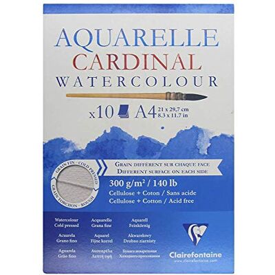 Clairefontaine 96183C Cardinal akvarelový blok (DIN A4, 21 x 29,7 cm, 300 g, lepený na obou stranách, 10 listů, 2 zrnitost, ideální pro začátečníky) extra bílý Clairefontaine 96183C Cardinal akvarelový blok (DIN A4, 21 x 29,7 cm, 300 g, lepený na obou stranách, 10 listů, 2 zrnitost, ideální pro začátečníky) extra bílý