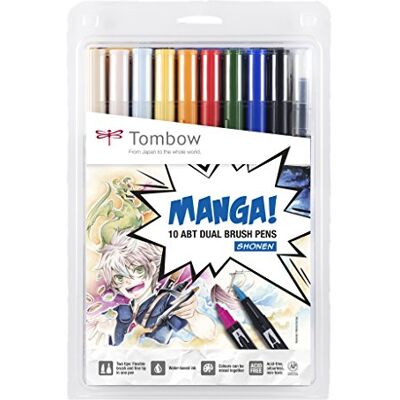 Tombow ABT-10C-MANGA1 malířská vlákna, Dual Brush Pen se dvěma hroty, 10dílná sada manga Shonen Tombow ABT-10C-MANGA1 malířská vlákna, Dual Brush Pen se dvěma hroty, 10dílná sada manga Shonen