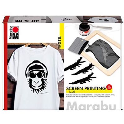 Marabu 1703000000082 Textilní Screen Printing Set, sítotisková sada pro světlé a tmavé textilie s 100ml tiskovou barvou v černé, sítorovým rámem, stěrkou a malířským nožem Marabu 1703000000082 Textilní Screen Printing Set, sítotisková sada pro světlé a tmavé textilie s 100ml tiskovou barvou v černé, sítorovým rámem, stěrkou a malířským nožem