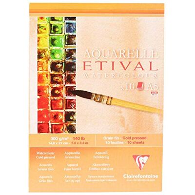 Clairefontaine 96304C Etival Matt Aquarellpapier Block (kopfseitig geleimt, 10 Blatt, DIN A5, 14,8 x 21 cm, feinkörnig, 100% Zellulose, 300 g) weiß Clairefontaine 96304C Etival Matt Aquarellpapier Block (kopfseitig geleimt, 10 Blatt, DIN A5, 14,8 x 21 cm, feinkörnig, 100% Zellulose, 300 g) weiß