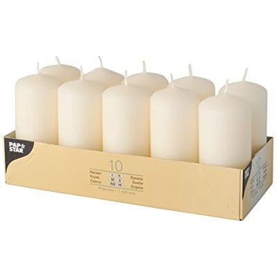 Papstar 10 válcových svíček Ø 40 mm 90 mm krémové blokové svíčky svíčky Papstar 10 válcových svíček Ø 40 mm 90 mm krémové blokové svíčky svíčky