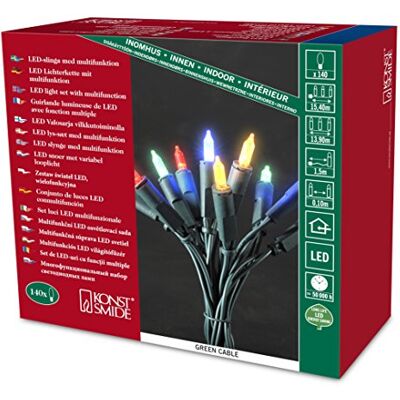 Konstsmide LED mini světelný řetěz, One String, s 8 funkcemi, řídicí jednotkou a paměťovou funkcí, 140 barevných diod, 230 V, vnitřní, zelený kabel 6310-520 Konstsmide LED mini světelný řetěz, One String, s 8 funkcemi, řídicí jednotkou a paměťovou funkcí, 140 barevných diod, 230 V, vnitřní, zelený kabel 6310-520
