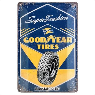 ART Retro plechový štítek, 20 x 30 cm, Goodyear – Super Cushion – nápad na dárek pro fanoušky motoru, originální licenční produkt (OLP), z kovu, vintage design, plechové cedule s nápisy ART Retro plechový štítek, 20 x 30 cm, Goodyear – Super Cushion – nápad na dárek pro fanoušky motoru, originální licenční produkt (OLP), z kovu, vintage design, plechové cedule s nápisy