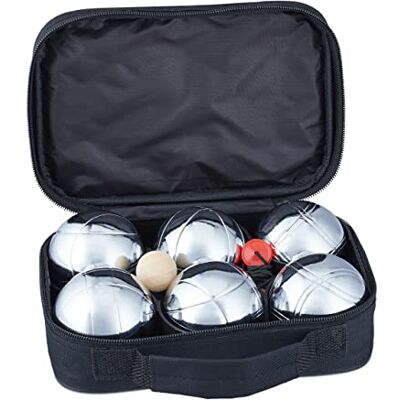 Relaxdays Sada bojů, 6 koulí Boccia z kovu, cílová koule a distanční nůž, petanque s taškou, stříbrná/černá, sada 6 koulí Boccia "Profi" kov Relaxdays Sada bojů, 6 koulí Boccia z kovu, cílová koule a distanční nůž, petanque s taškou, stříbrná/černá, sada 6 koulí Boccia "Profi" kov