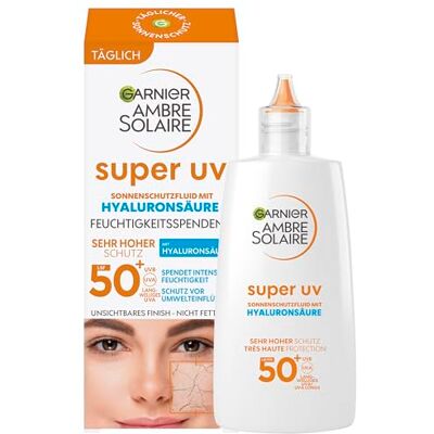 Garnier Ambre Solaire LSF 50+ Super UV Fluid Ochrana proti slunci, krém proti slunci s kyselinou hyaluronovou, ultralehká a matující formule pro obličej, neviditelná, ochrana před spálením sluncem a Garnier Ambre Solaire LSF 50+ Super UV Fluid Ochrana proti slunci, krém proti slunci s kyselinou hyaluronovou, ultralehká a matující formule pro obličej, neviditelná, ochrana před spálením sluncem a