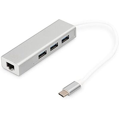 Digitus USB 3. 0 typ C 3portový rozbočovač s gigabitovým ethernetovým adaptérem, 3x USB A, 1x RJ45 LAN, stříbrný Digitus USB 3. 0 typ C 3portový rozbočovač s gigabitovým ethernetovým adaptérem, 3x USB A, 1x RJ45 LAN, stříbrný