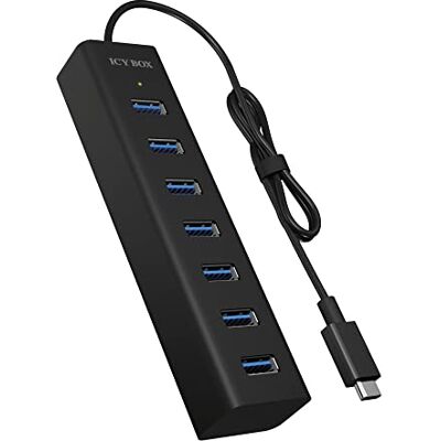 ICY BOX IB-hub 1700-C3 7násobný USB typ C rozbočovač se 7x USB 3. 0 (Type-A) přípojkami a síťovým zdrojem, integrovaný kabel, hliník, černý ICY BOX IB-hub 1700-C3 7násobný USB typ C rozbočovač se 7x USB 3. 0 (Type-A) přípojkami a síťovým zdrojem, integrovaný kabel, hliník, černý