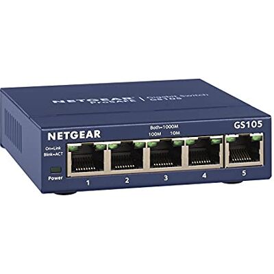 Netgear GS105GE 5-portový neřízený gigabitový měděný spínač (Plug and Play, přenos dat až 1000 Mb / s, ventilátor, kovový kryt) Netgear GS105GE 5-portový neřízený gigabitový měděný spínač (Plug and Play, přenos dat až 1000 Mb / s, ventilátor, kovový kryt)