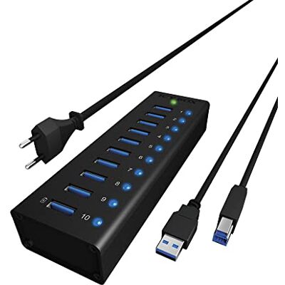 ICY BOX IB-AC6110 10násobný USB 3. 0 hub s napájecím zdrojem (12 V/4 A), nabíjecí port, plný hliník, upevnění na suchý zip, černý ICY BOX IB-AC6110 10násobný USB 3. 0 hub s napájecím zdrojem (12 V/4 A), nabíjecí port, plný hliník, upevnění na suchý zip, černý