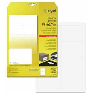 Sigel LA142 univerzální etikety samolepicí, potiskovatelné, bílé, 97 x 67,7 mm, 200 etiket = 25 listů Sigel LA142 univerzální etikety samolepicí, potiskovatelné, bílé, 97 x 67,7 mm, 200 etiket = 25 listů