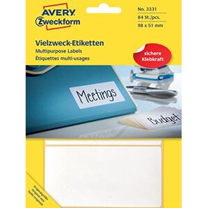 Avery 3331 Haushaltsetiketten selbstklebend (98 x 51 mm, 84 Aufkleber auf 28 Bogen, Vielzweck-Etiketten für Haushalt, Schule und Büro zum Beschriften und Kennzeichnen) blanko, weiß Avery 3331 Haushaltsetiketten selbstklebend (98 x 51 mm, 84 Aufkleber auf 28 Bogen, Vielzweck-Etiketten für Haushalt, Schule und Büro zum Beschriften und Kennzeichnen) blanko, weiß