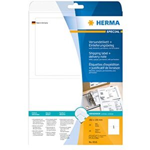 Herma 8316 Přepravní etikety s dokladem o dodávce neprůhledné, 25 listů, 182 x 130 mm, 1 na arch A4, 25 kusů, samolepicí, potisknutelné, matné, prázdné papírové adresní štítky samolepky, bílé Herma 8316 Přepravní etikety s dokladem o dodávce neprůhledné, 25 listů, 182 x 130 mm, 1 na arch A4, 25 kusů, samolepicí, potisknutelné, matné, prázdné papírové adresní štítky samolepky, bílé
