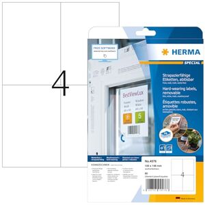 Herma 4576 Fóliové etikety odolné vůči povětrnostním vlivům odstranitelné, 20 listů, 105 x 148 mm, 4 pro arch A4, 80 kusů, samolepicí, potištěné, matné, prázdné lepicí etikety z fólie, bílé Herma 4576 Fóliové etikety odolné vůči povětrnostním vlivům odstranitelné, 20 listů, 105 x 148 mm, 4 pro arch A4, 80 kusů, samolepicí, potištěné, matné, prázdné lepicí etikety z fólie, bílé
